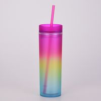New Gradient Rainbow Color Water Cup Straight Double Plastic Straw Cup sku image 4