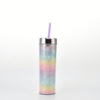 16oz Double-layer Plastic Straw Cup Rainbow Gradient Glitter Straight Cup Universal Cold Drink Cup sku image 2