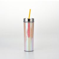 16oz Double-layer Plastic Straw Cup Rainbow Gradient Glitter Straight Cup Universal Cold Drink Cup sku image 3