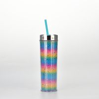 16oz Double-layer Plastic Straw Cup Rainbow Gradient Glitter Straight Cup Universal Cold Drink Cup sku image 8