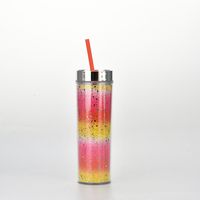 16oz Double-layer Plastic Straw Cup Rainbow Gradient Glitter Straight Cup Universal Cold Drink Cup sku image 9