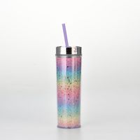 16oz Double-layer Plastic Straw Cup Rainbow Gradient Glitter Straight Cup Universal Cold Drink Cup sku image 10