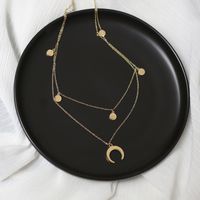 Fashion Star Round Disc Inverted Crescent Moon Necklace Clavicle Chain Titanium Steel Plated 14k Gold sku image 1