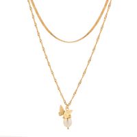 Korean Fashion Simple Butterfly Natural Beads Pendant Clavicle Chain Niche Multi-layer Metal Necklace sku image 1