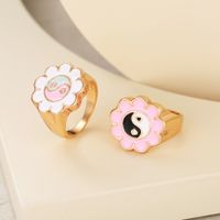 Cross-border Ins New Oil-spot Glaze Flowers Ring Sweet Loving Heart Gossip Tai Chi Ring Color Retention Electroplating Index Finger Ring Female main image 1