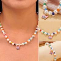 New Oil Dripping Butterfly Necklace European And American Bohemian Color Imitation Pearl Necklace Bracelet Anklet Set main image 3