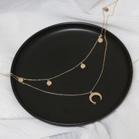 Fashion Star Round Disc Inverted Crescent Moon Necklace Clavicle Chain Titanium Steel Plated 14k Gold main image 3