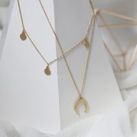 Fashion Star Round Disc Inverted Crescent Moon Necklace Clavicle Chain Titanium Steel Plated 14k Gold main image 5
