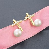 S925 Silver Diamond Cross Gold Color Pearls Earrings Jewelry main image 4