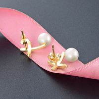 S925 Silver Diamond Cross Gold Color Pearls Earrings Jewelry main image 5