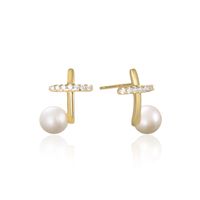 S925 Silver Diamond Cross Gold Color Pearls Earrings Jewelry main image 6