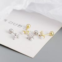 S925 Silver Horse Eye Zircon Screw Pearl Earrings Wholesale main image 4