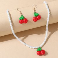 Korean Fruit Creative Retro Pearl Cherry Earrings Necklace Set sku image 1