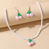 Korean Fruit Creative Retro Pearl Cherry Earrings Necklace Set sku image 2