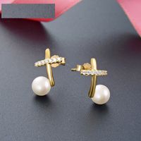 S925 Silver Diamond Cross Gold Color Pearls Earrings Jewelry sku image 3