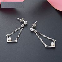 Korean Style Fashion Long Diy Pearl Stud Earrings S925 Silver Inlaid Shell Pearls English Letters V Earrings Eardrops Women sku image 1