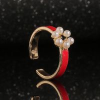 European And American Jewelry Copper Plated Real Gold Dripping Oil Flower Pearl Geometric Tail Ring main image 1