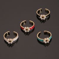 European And American Jewelry Copper Plated Real Gold Dripping Oil Flower Pearl Geometric Tail Ring main image 3