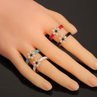 European And American Jewelry Copper Plated Real Gold Dripping Oil Flower Pearl Geometric Tail Ring main image 4