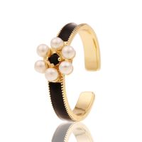 European And American Jewelry Copper Plated Real Gold Dripping Oil Flower Pearl Geometric Tail Ring main image 6