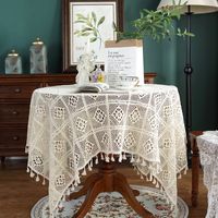 Retro Knitted Hollow Round Tablecloth Beige Tassel Crochet Table Mat Finished Tablecloth main image 1