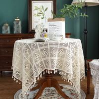 Retro Knitted Hollow Round Tablecloth Beige Tassel Crochet Table Mat Finished Tablecloth main image 2