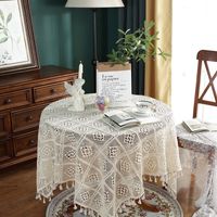 Retro Knitted Hollow Round Tablecloth Beige Tassel Crochet Table Mat Finished Tablecloth main image 5