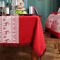 Polyester Fiber Knitted Jacquard Red Deer White Tassel Christmas Rectangular Tablecloth main image 5