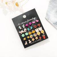 Fashion Painting Bow Knot Five-pointed Star Animal Flower Stud Earrings 15 Pairs Set main image 6