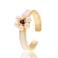 European And American Jewelry Copper Plated Real Gold Dripping Oil Flower Pearl Geometric Tail Ring sku image 1