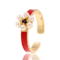 European And American Jewelry Copper Plated Real Gold Dripping Oil Flower Pearl Geometric Tail Ring sku image 2