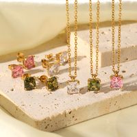 Same Style As European And American Web Celebrities' Necklace 18k Gold Stainless Steel White/pink/green Square Zircon Pendant Necklace Ornament For Women main image 4
