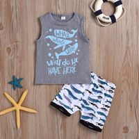 Fashion Baby Boy Children's Clothing Gray Cartoon Letter Vest Sleeveless Whale Shorts Two-piece Suit main image 3