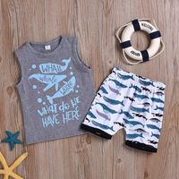 Fashion Baby Boy Children's Clothing Gray Cartoon Letter Vest Sleeveless Whale Shorts Two-piece Suit main image 4