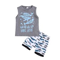 Fashion Baby Boy Children's Clothing Gray Cartoon Letter Vest Sleeveless Whale Shorts Two-piece Suit main image 6