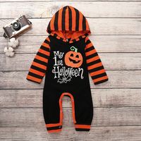 Ins Cross-border  Foreign Trade Children's Wear European And American Infant Toddler Jumpsuit Hooded Printed Pumpkin Letters Open File Baby main image 2
