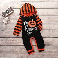 Ins Cross-border  Foreign Trade Children's Wear European And American Infant Toddler Jumpsuit Hooded Printed Pumpkin Letters Open File Baby main image 3