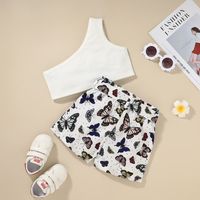 2021 European And American Shorts Two-piece Set Girls Fashion Butterfly Floral-print Off-shoulder Top Suit Children's Summer Clothing main image 1