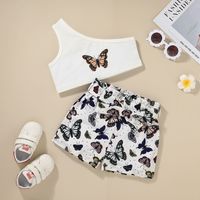 2021 European And American Shorts Two-piece Set Girls Fashion Butterfly Floral-print Off-shoulder Top Suit Children's Summer Clothing sku image 2