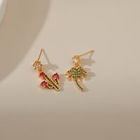 Zircon Ear Studs Irregular Cactus Copper Plating 18k Gold Creative Earrings Coconut Tree Plant Minority Design Earrings main image 3