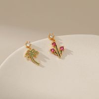 Zircon Ear Studs Irregular Cactus Copper Plating 18k Gold Creative Earrings Coconut Tree Plant Minority Design Earrings main image 4