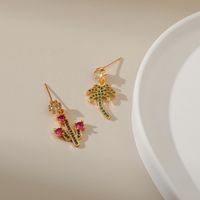 Zircon Ear Studs Irregular Cactus Copper Plating 18k Gold Creative Earrings Coconut Tree Plant Minority Design Earrings main image 5