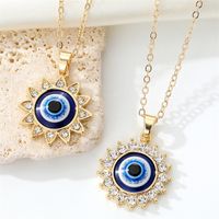 European Cross-border Sold Jewelry Vintage Full Diamond Sunflower Devil's Eye Pendant Necklace Turkish Eye Metal Necklace main image 3