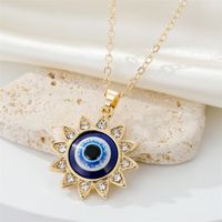 European Cross-border Sold Jewelry Vintage Full Diamond Sunflower Devil's Eye Pendant Necklace Turkish Eye Metal Necklace main image 1