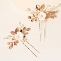 New Bridal Ornament Golden Leaf Pearl U-shaped Pin Ancient Style Han Chinese Clothing Updo Hair Accessories Ceramic Flower Hairpin main image 1