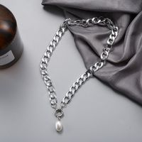 Cross-border New Arrival European And American Punk Metal Cuban Chain Clavicle Chain Minimalist Pearl Pendant Lock Necklace Women main image 4