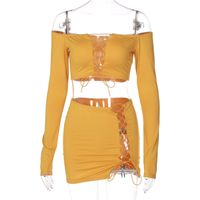 Fashion Pure Color Stitching Tether Wrap Chest Long Sleeve Sexy Lace Short Skirt Set main image 7