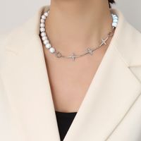 Retro Pearl Cross Necklace Jewelry Titanium Steel 18k Gold Clavicle Chain main image 5