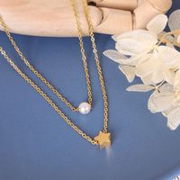 Five-pointed Star Pendant Imitation Pearl Necklace Double Layered Titanium Steel Clavicle Chain main image 1
