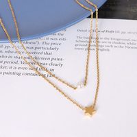 Five-pointed Star Pendant Imitation Pearl Necklace Double Layered Titanium Steel Clavicle Chain main image 3